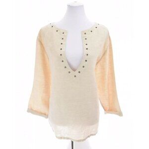Chico's 2 Sz L 100% Linen Medieval V Neck Grommet Studded Tunic Top Beige 12